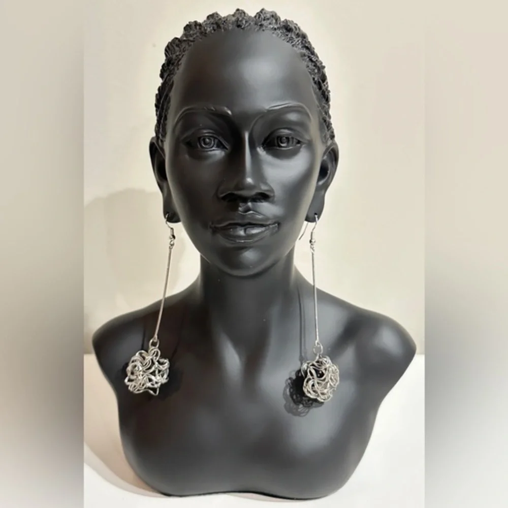 Silver Wire Drop Earrings with Black Accent Inside